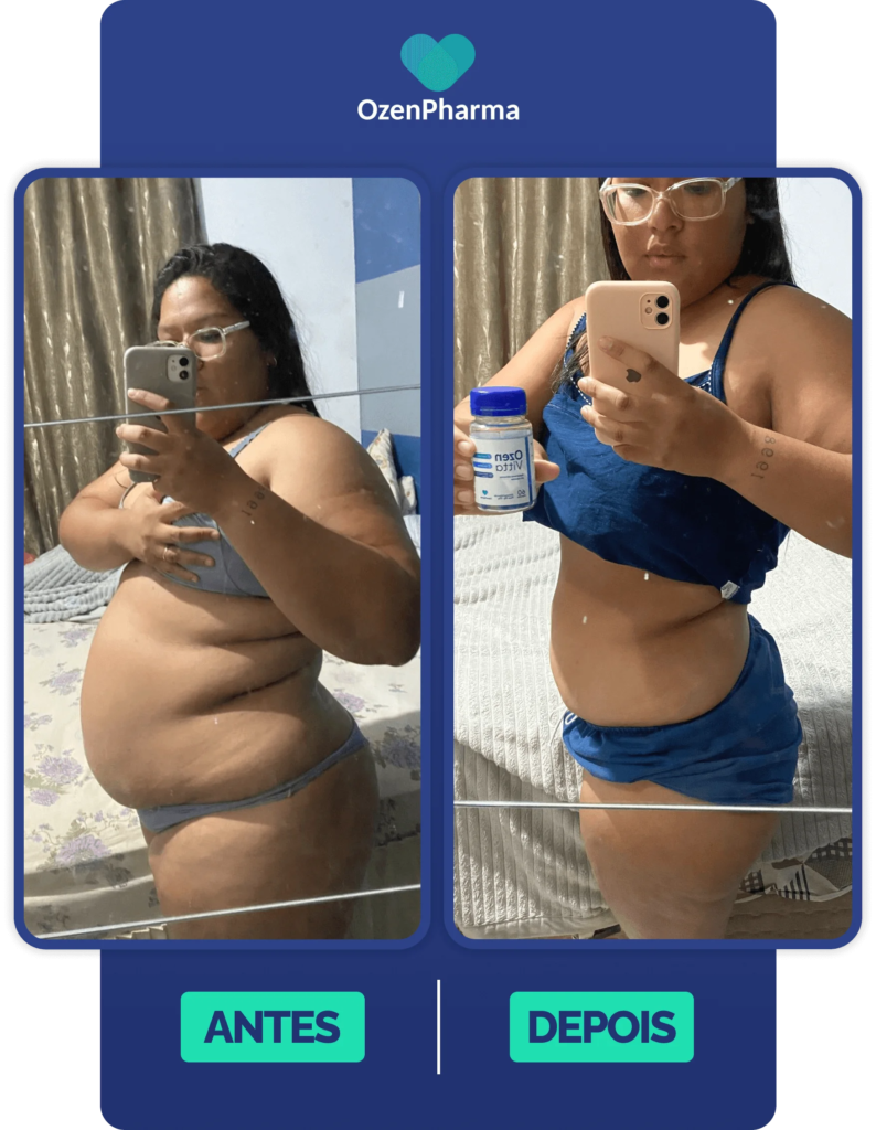 Mulher antes com barriga saliente e depois com cintura visivelmente mais fina após uso do suplemento OzenVitta.