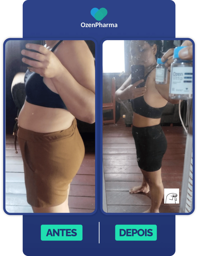 Antes com inchaço abdominal e depois com barriga mais definida e postura confiante após uso do OzenVitta.