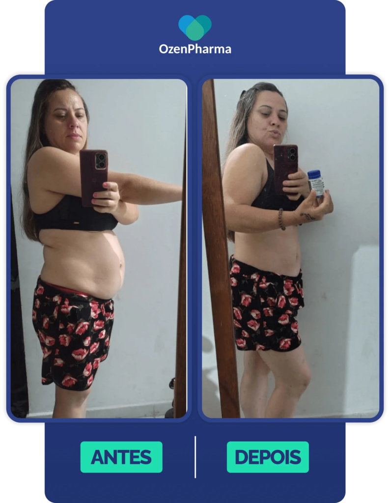 Comparativo mostrando barriga menos inchada e cintura mais modelada após usar OzenVitta por algumas semanas.