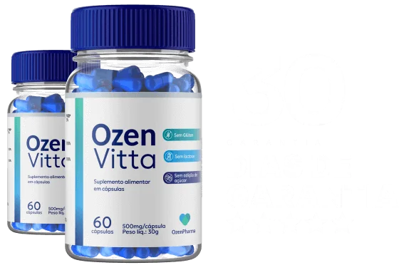 Dois frascos do suplemento OzenVitta ao lado do selo de 30 dias de garantia com estrelas de avaliação e texto destacando a garantia incondicional de satisfação.