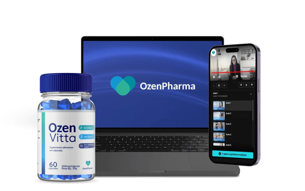 Frasco do suplemento OzenVitta ao lado de notebook e celular exibindo funcionalidades do aplicativo exclusivo para acompanhamento e resultados.