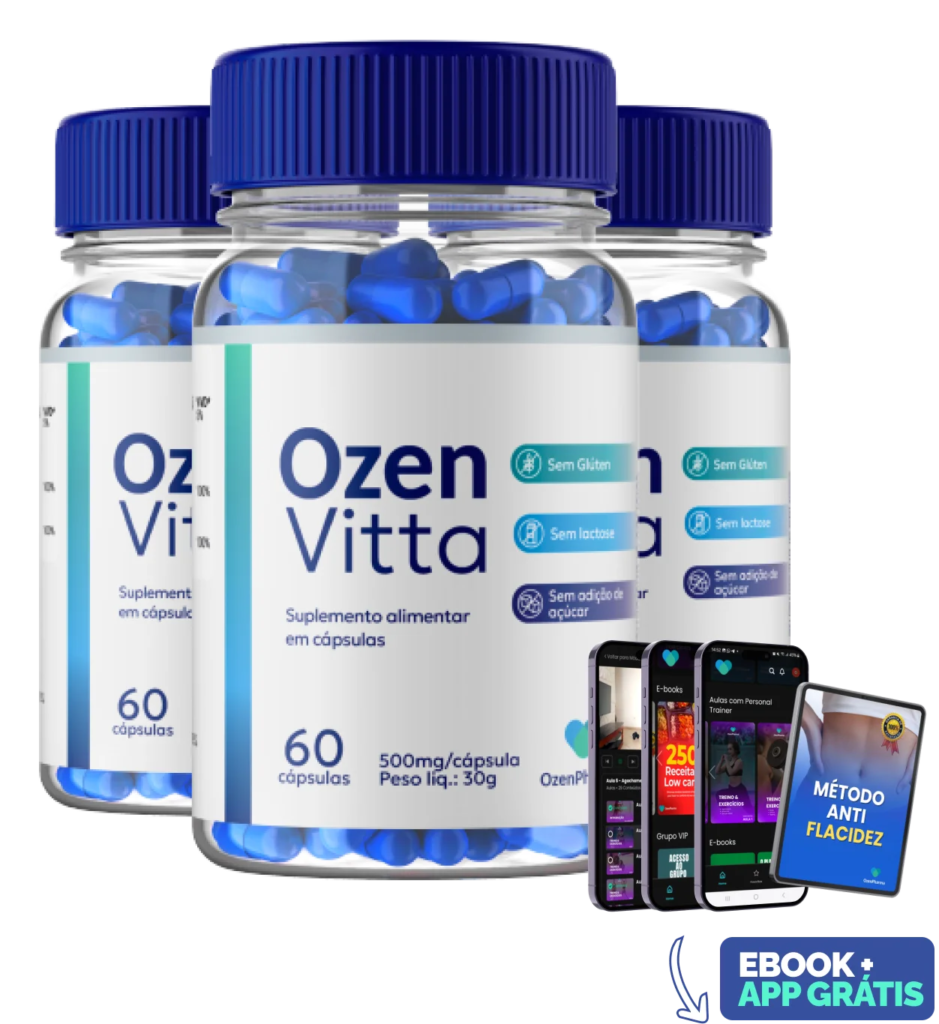 Kit com 3 frascos de OzenVitta, tratamento para 90 dias, inclui eBook e acesso gratuito ao app.