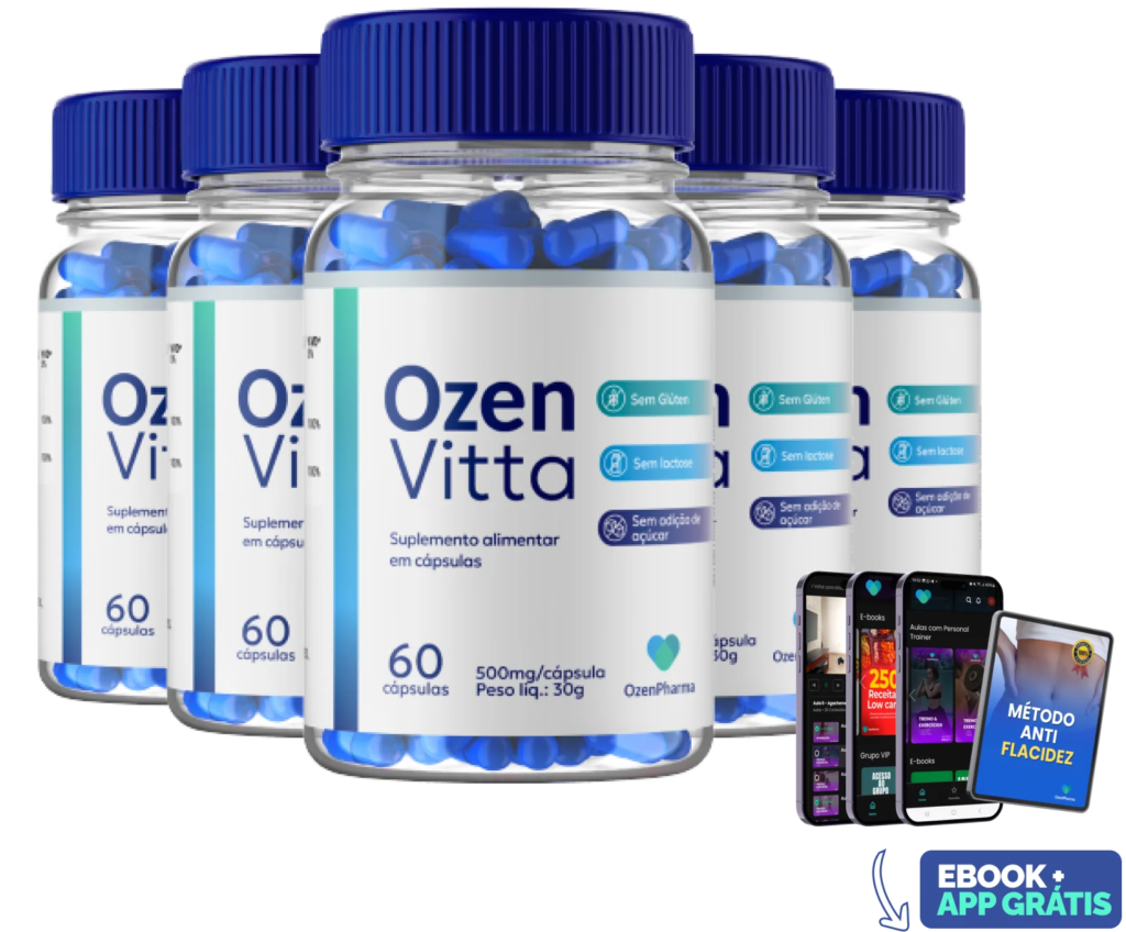 Kit com 5 frascos de OzenVitta para 150 dias de tratamento, com eBook e aplicativo inclusos.