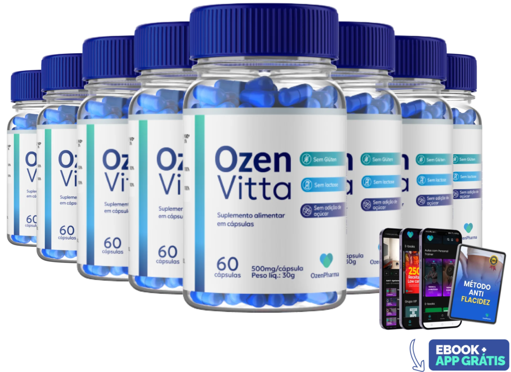 Kit completo com 8 frascos de OzenVitta, tratamento para 240 dias, e acesso grátis ao app e eBook.