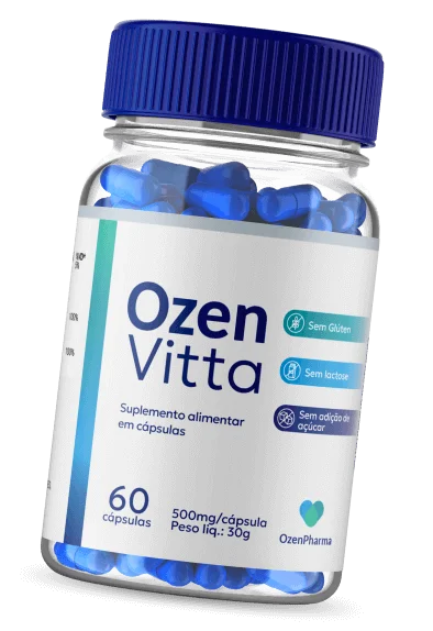Dois frascos de OzenVitta com cápsulas azuis, rótulo informando 60 cápsulas, 500mg cada, suplemento natural sem glúten, lactose ou adição de açúcar.